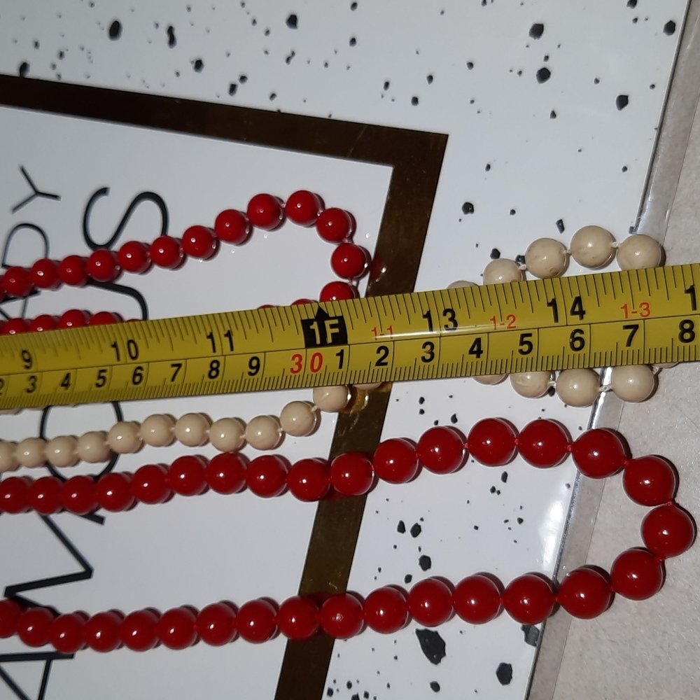 Set of 3, Vintage Beaded Necklace, Colors 2 Red, 1 Off White, - Picture 3 of 3